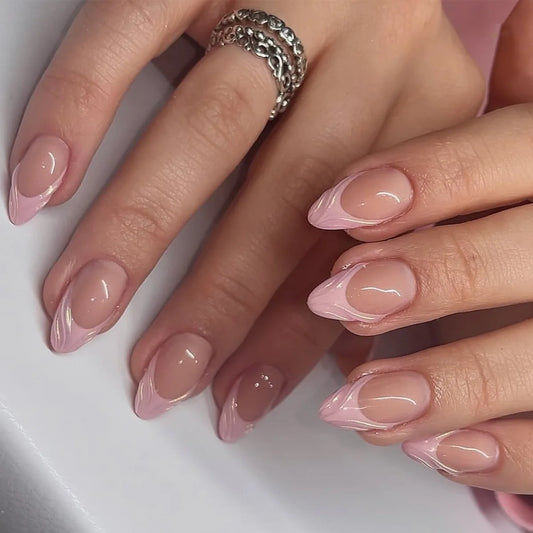 24pcs Simple Short Almond Fake Nails Sets Finished French Pink Full Cover Nail Tips Reusable Press on False Nails Art Manicure