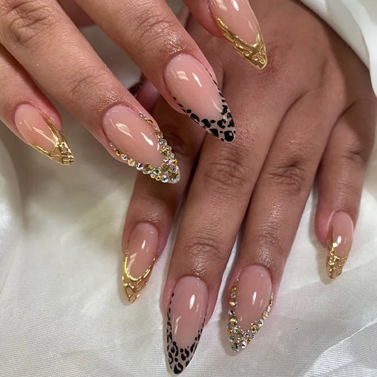 24Pcs Long Almond Colored Rhinestone Design Fake Nails Tips Fashion Nail Sticker French Acrylic Bow Wearable Full Cover Press On