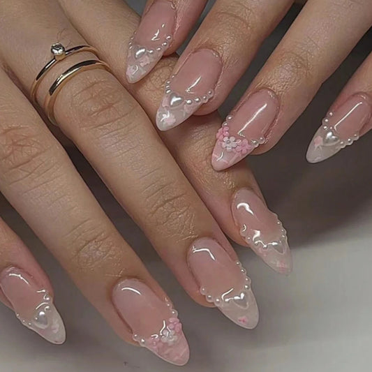 Y2K 10pcs Hand Made Press On Nail Blue Short Almond Glue On Nails - Pink Flowers and Pearls Press One For Stylish Women-Girls