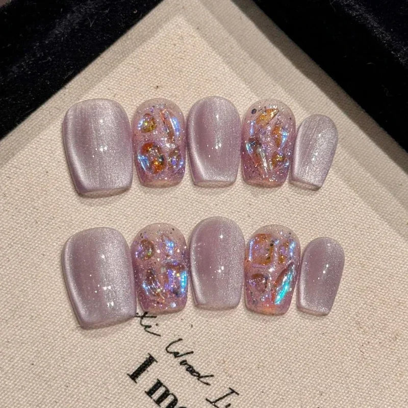 10Pcs Dark Blue Cat Eye Press on Nails Wearable Round Head Oval Nail Tips with Diamonds Full Cover Acrylic Nails Short Nail Art