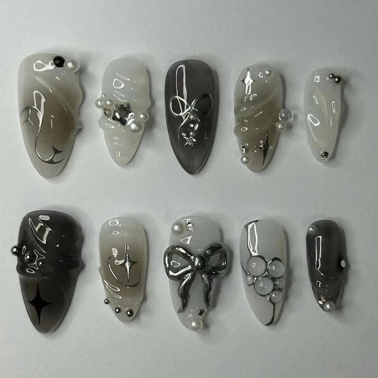 24pcs Black Mid-length Almond False Nails Spicy Girls Bow Pearl Design Wearable Fake Nail Set with Starlight Press on Nails Tips