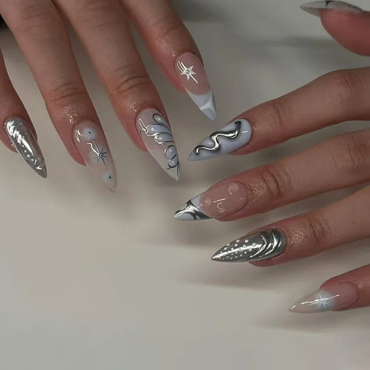 24Pcs Mid-length Stiletto Fake Nail with Blue French Leopard Print Design Press on Nails Tips Art Wearable Full Cover False Nail