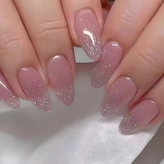24pcs Shiny Powder Wearable False Nail Set Simple Nude Pink Almond Nail Tips Finished Oval Press on Nails Tips Acrylic Fake Nail