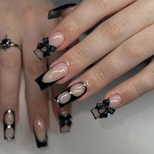 24PCS Black French Pointed Nail, Medium Square Fake Nail Design, Black Bow, Fully Covered Fake Nail