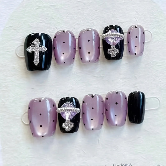 10pcs high-end Dark cat's eye speckled with diamonds handmade fake nails, Dark Girl Cool Wax Love Heart Short Nail patch for wom
