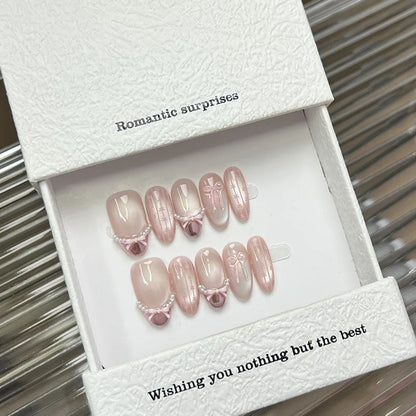 Ribbon – Bow Cat Eye French Almond Press-On Nails
