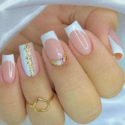 24Pcs Short Square Head Fake Nails White French Golden Shiny Powder Press on Nails Full Cover Rhinestone Reusable False Nail Tip