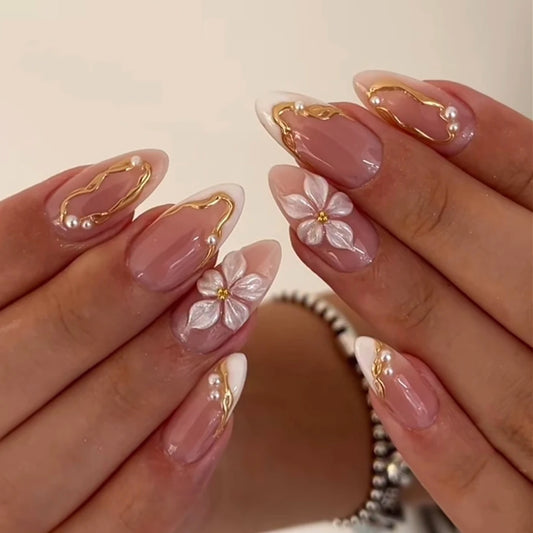 Polka Dot French 3D Flowers Metal Bead Chic Summer Long Pointed Almond Fake Nails Detachable Finished False Nails Press on Nails