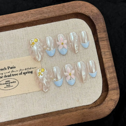 10pcs Handmade Almond Press On Nails Sweet Pink 3D Flower Cat's Eye False Nails Simple Daily Korean Style Fake Nail Manicure Art