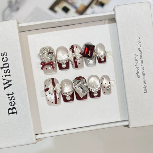 10Pcs Christmas Party Short Square Ballet Nail Tips Art Snowflake Rhinestone Pearl Designs Reusable Nail Stickers Acrylic Nails