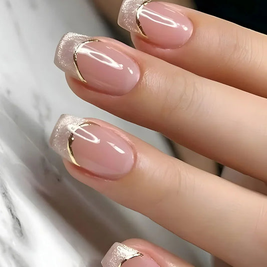 24pcs Glitter Ballet False Nail Simple Wine Red Mid-length Coffin Fake Nail Wearable Simple Shiny Powder Design Press on Nails