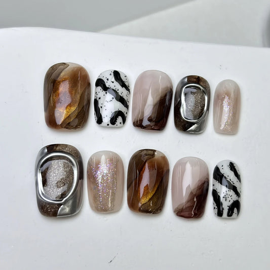 10Pcs Short Suqare Zebra Stripe Mixed Color Press on Nails with Shiny Cat Eye Simple Handmade Nail Full Cover Fake Nails Autumn