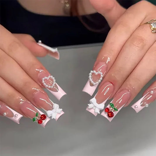 24Pcs Long Square Head False Nails 3D Cherry Bow Pearl Heart Stick on Nails Pink French Press on Nails Detachable Fake Nail Tip