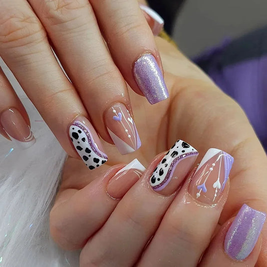 24Pcs Mid-length Square Head Nails Set Press on Leopard Print French Pink Star Fake Nails Detachable Full Cover False Nails Tips