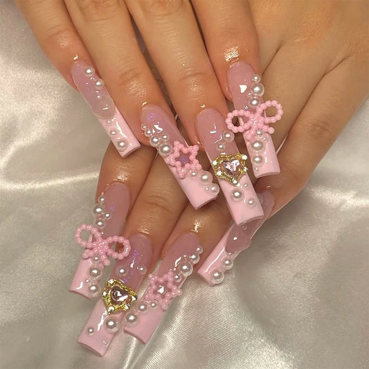 24pcs Pink Long Square Press on Nails French Pearl Bow Coffin Fake Nail Sets Detachable Diamond Design False Nail Tips Finished