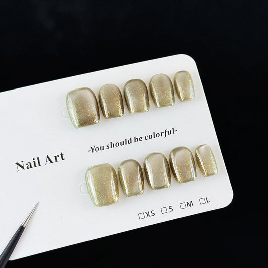 10pcs high-end Simple and elegant style, hand-painted dark green, dazzling cat eyes handmade fake nails
