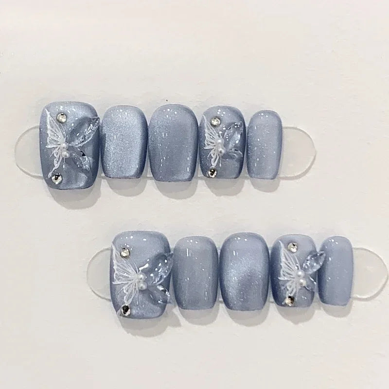 10Pcs Dark Blue Cat Eye Press on Nails Wearable Round Head Oval Nail Tips with Diamonds Full Cover Acrylic Nails Short Nail Art