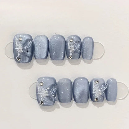 10Pcs Dark Blue Cat Eye Press on Nails Wearable Round Head Oval Nail Tips with Diamonds Full Cover Acrylic Nails Short Nail Art