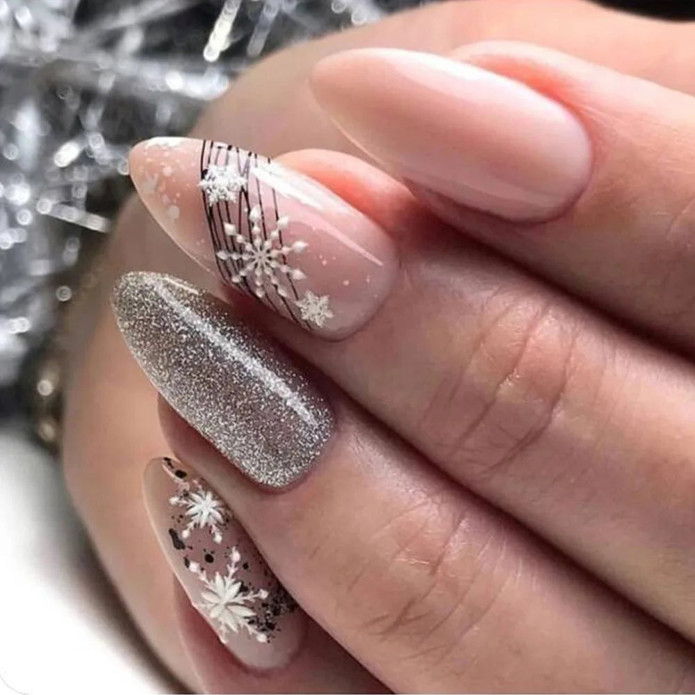 24Pcs Almond Fake Nails with Shimmery Powder Simple Nail Art Ombre French Full Cover Wearable Nail Manicure Tips for Girls Daily