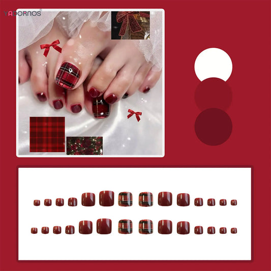24pcs Wine-red Plaid Press On Nails For Foot Charming Short Sqaure Shaped Fake Toenails Women Girls Summer False Toenails