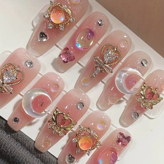 10PCS Handmade Press On Nails Japanese all-match pink ultra-glitter mid-step false nails