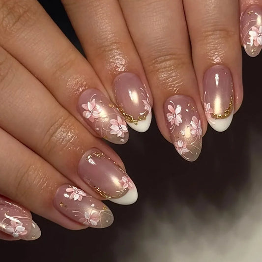 24Pcs Cat's Eye Gradient Leopard Print Full Cover Nails Tips Mid-length Almond Fake Nail 3D Flower Wearable Press on False Nails