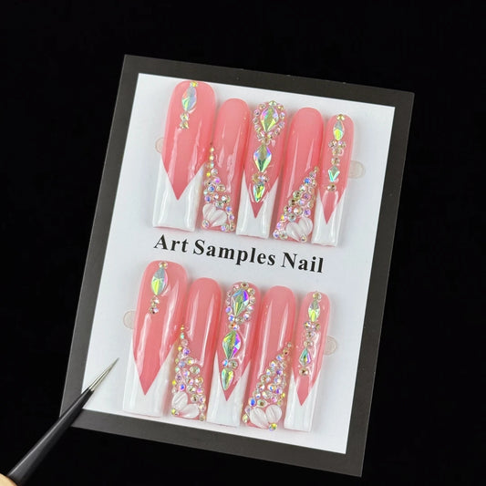 10pcs high-end Sweet girl style, hand-painted three-dimensional petals, dazzling cluster of diamonds handmade fake nails