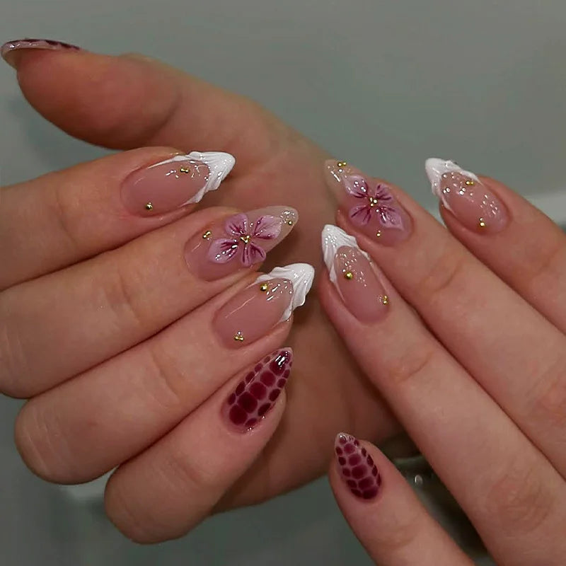 24Pcs French Short Almond Acrylic False Nails Full Cover Flower Pink Sweet Lovely Finished Nail Set Wearable Artificial Manicure