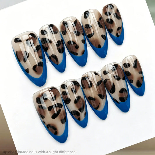 10pcs Handmade Blue French Leopard Print Press On Nails Almond Long Trendy Wild Fake Nails Glossy Decor False Nails Spring Nails