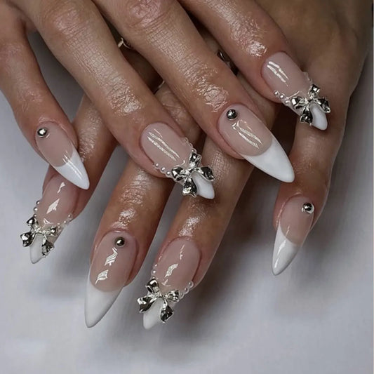 24pcs Wearable Press on Nails Sets Green French Long Almond Nails Tip with Flower Pearl Design Fake Nail Art False Nail Finished