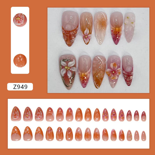 24pcs French Style False Nails Blush Pink Almond Press On Nails Carving Flower Gold Diamond Design Fake Nail Ballerina Manicure