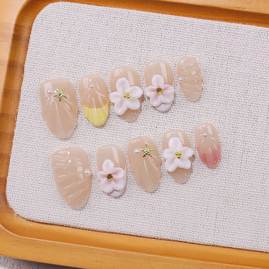 10Pcs Short Oval Florals Carvings Wearable Nails Tips Art with Jelly Glue Artificial Almond False Nails New Cute Sweet Manicure