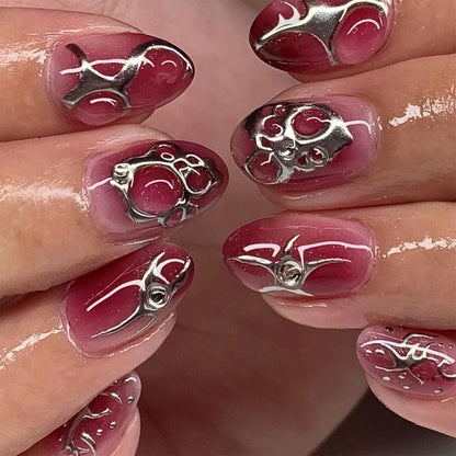 24Pcs Short Almond Fake Nails Butterfly Wings Nail Art with Glue Glitter Flower False Nails Acrylic Autumn Winter Press on Nail
