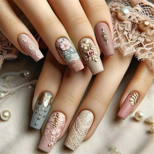 24Pcs Mid-length Square Head Fake Nails Blue Pink White Gradient Press on False Nails with Flower Wearable Full Cover Nails Tips