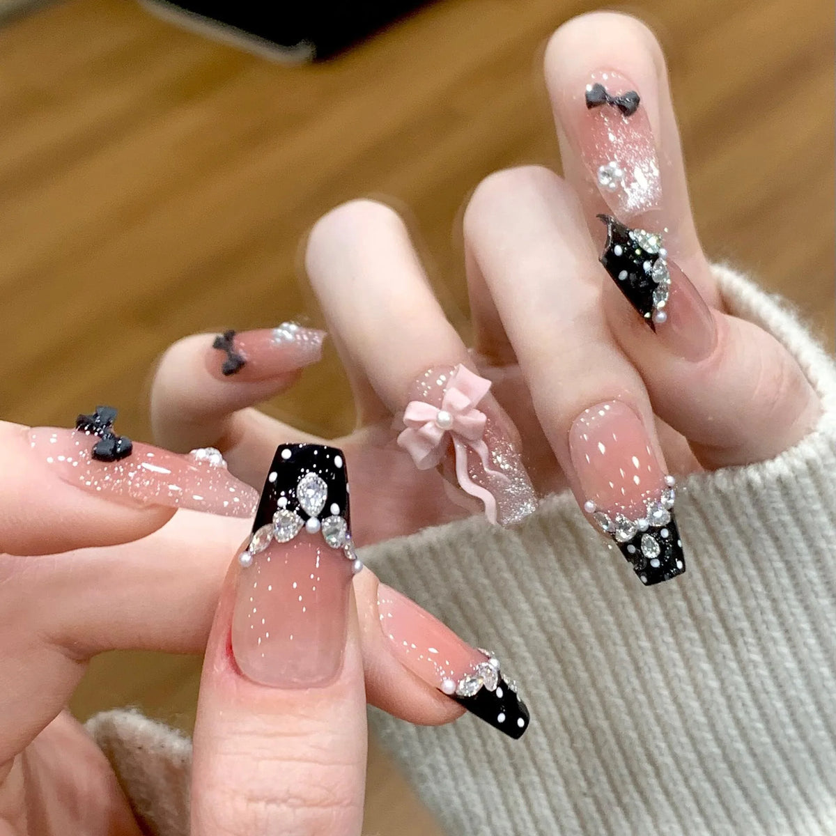 10Pcs Handmade Press on Nails Long Ballet Blue Fake Nails with 3D Ocean Moon Rhinestone Design False Nails Full Cover Nail Tips