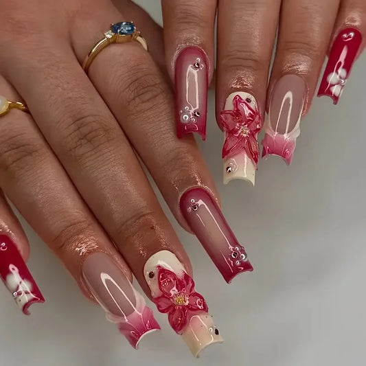 24Pcs Long Square Head Press on Fake Nails with Red French White Flower False Nails Detachable Artificial Full Cover Nails Tips