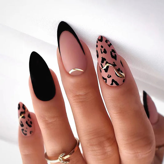 24Pcs Frosted Leopard Print Fake Nails Wearable Finished Fingernails Nail Art Gold stripe Removable Long Almond False Nails