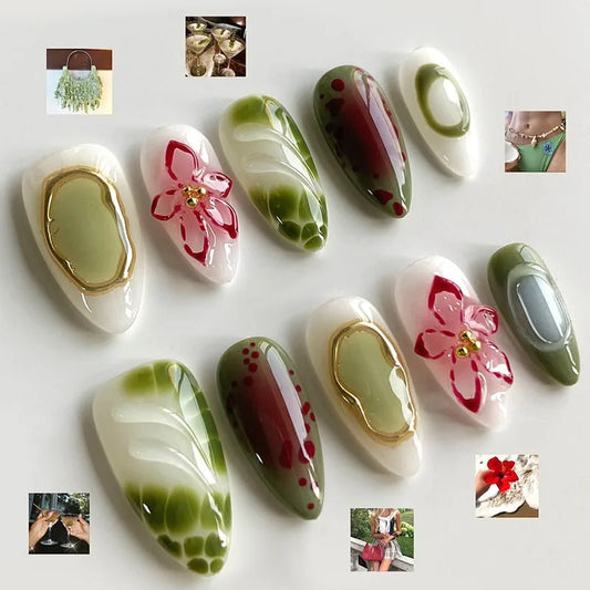 24pcs Flower Gilded Almond False Nails Gradient Green Full Cover Nail Tips Lines Pearl Design  Press on Nails Wearable Fake Nail