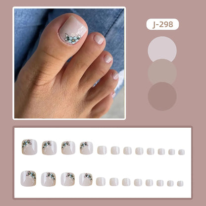 24pcs Shiny White False Toenails with Glitter Powder Design Square Fake Toe Nails Women Wearable Full Cover Press on Toenails