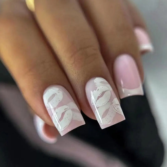 Long Square False Nails White Lips Starbursts Small Flower Fake Nials French Rainbow Stripes Nail Tips DIY Nail Art Accessory