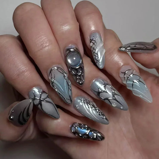 24pcs Wearable Press on Nails Sets Gradient Blue Long Almond False Nails Art with Bow Love Lines Design Fake Nail Tips Manicure