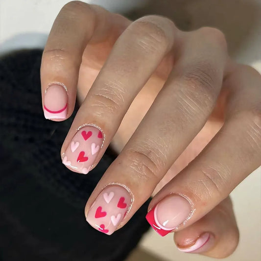 24pcs Pink False Nails Sets Simple Cute Love Design Fake Nail Tips French Short Square Press on Nails Wearable Ballet Manicure