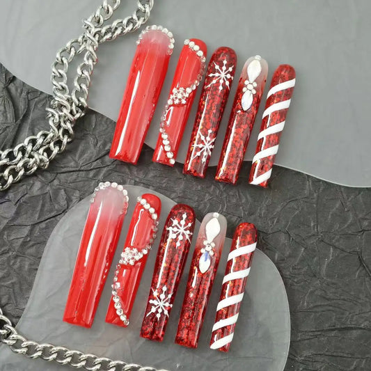 10pcs high-end Light luxury long red series handmade fake nails, Christmas fake manicure