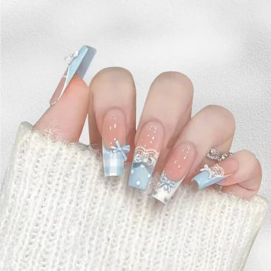 10Pcs Mid-length Ballet Detachable Handmade False Nails Tips Blue Lace Plaid French Fake Nails 3D Bow Polka Dot Press on Nails