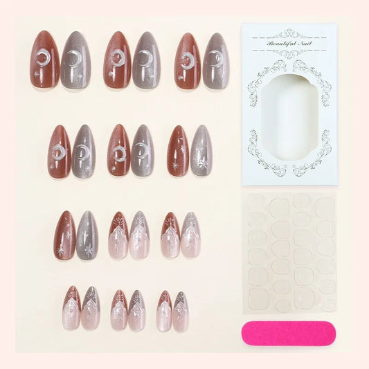 24PCS Cat Eye Almond Stick on False Nails Silver Moon Star Sweet Cool Style French Wearable Removable Fake Nails for Women Girl
