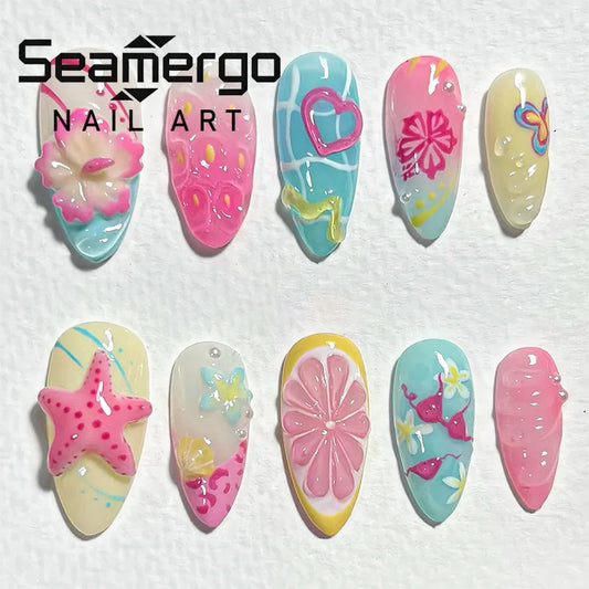 24CS Pastel Pink Blue Almond Fake Nails with 3D Starfish Hibiscus Fruit Press on Nails Tropical Beach French Summer Design Nails