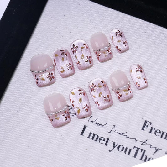 10Pcs Sweet Pink Handmade Nails Glitter Full Cover Blooming Flowers Pearls Design Manicure French Short Square Fake Nails Spring