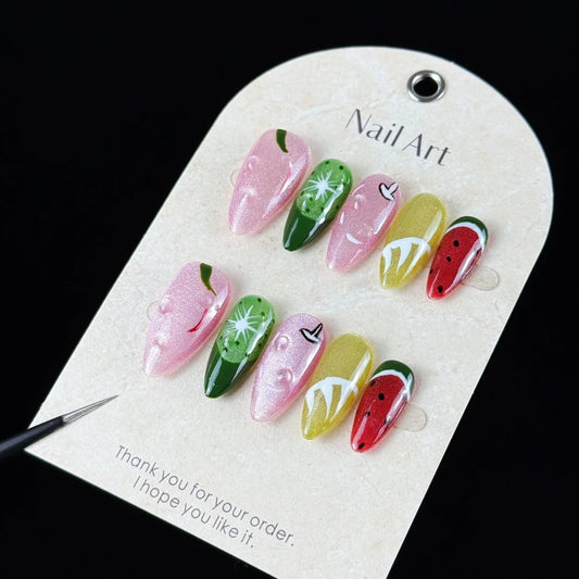 10pcs high-end Cool summer style, hand-painted watermelon pattern, dopamine color scheme, shiny cat-eye effect handmade fake nai