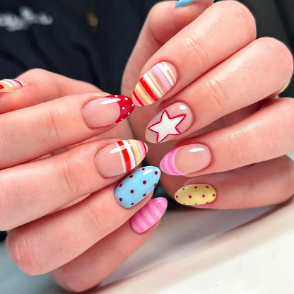 24pcs Colorful Five-pointed Star Press On Nails Red Stripes French Style Y2k Fake Nails Yellow Almond European Fake Nail Tips