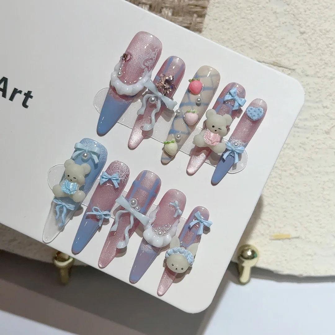 10pcs Pudding Little Bear Press On Nails Handmade Cute Blue French Style Bowknots Sweet Fake Nails Pink Cat's Eye  False Nail